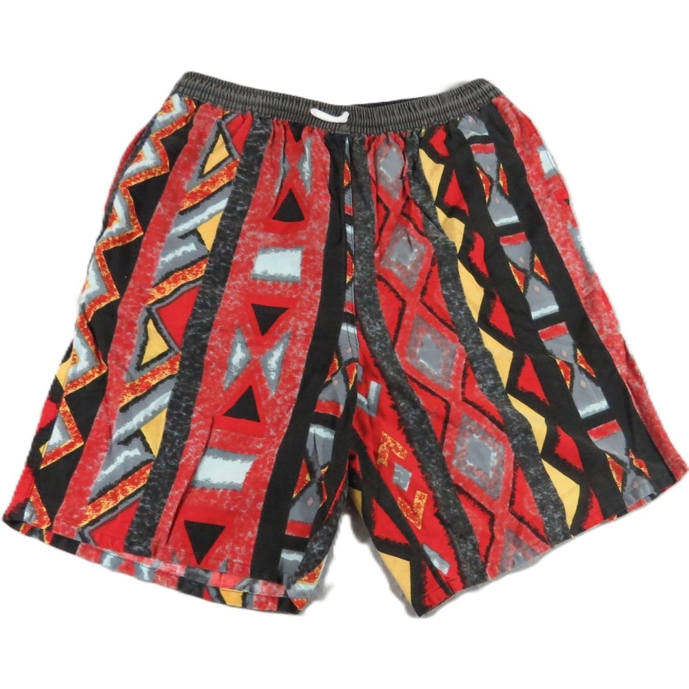 VTG Athlete Geometric Tribal Swim Trunks Shorts Men L Red Aztec Mesh Lined Retro